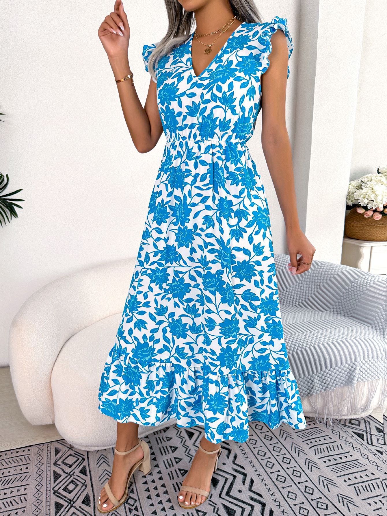 Vestido de fiesta floral con orejeras de madera, informal y de moda para mujer