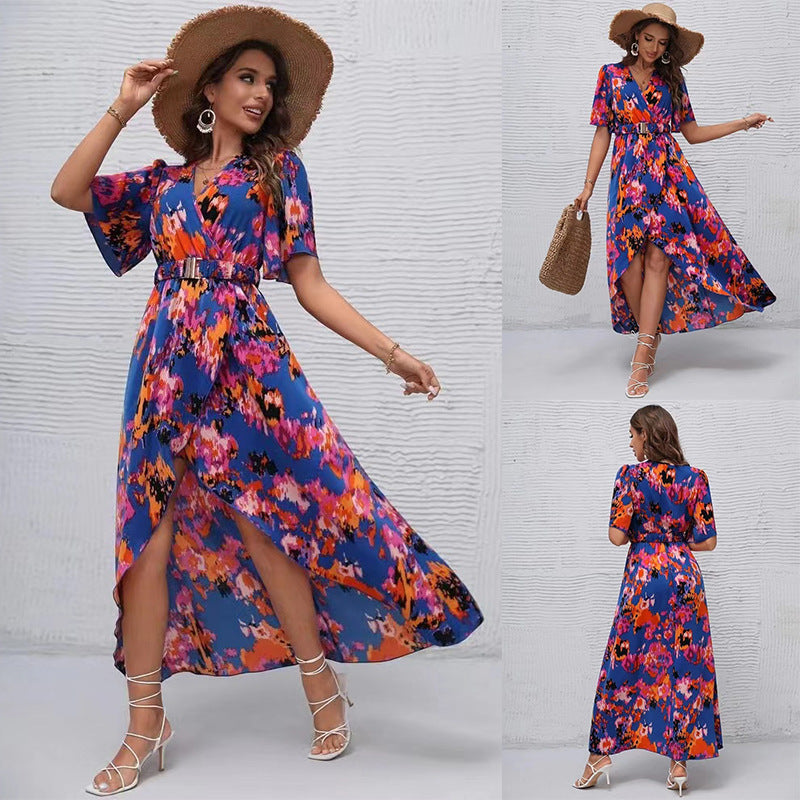 Vestido largo de verano para mujer, informal, para vacaciones, playa, manga corta, cuello en V, estampado floral