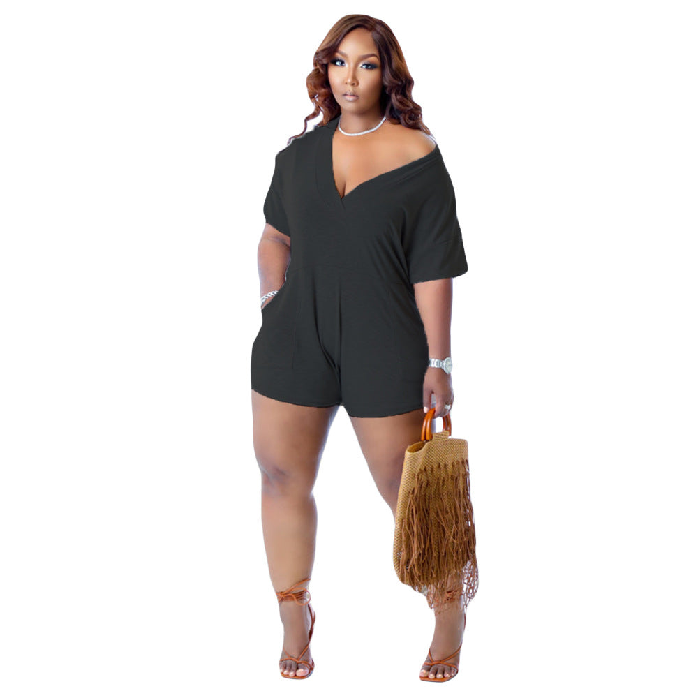 Plus Size Women Casual Imitation Cotton Plus Size One-Piece Short Sleeve Rompers