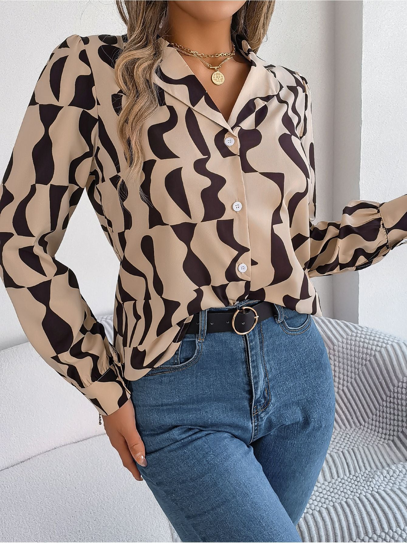 Blusa informal de manga larga a rayas con bloques de color para oficina a la moda para mujer