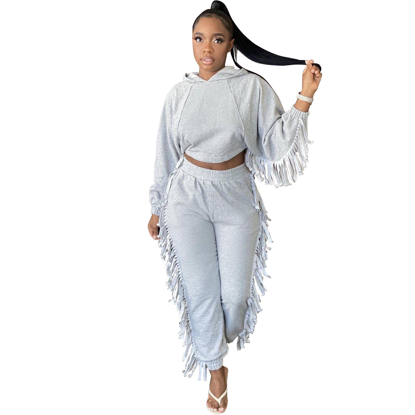 Women Fashion Solid Color Casual Sports Hood Tassel Edge Two-Piece Set