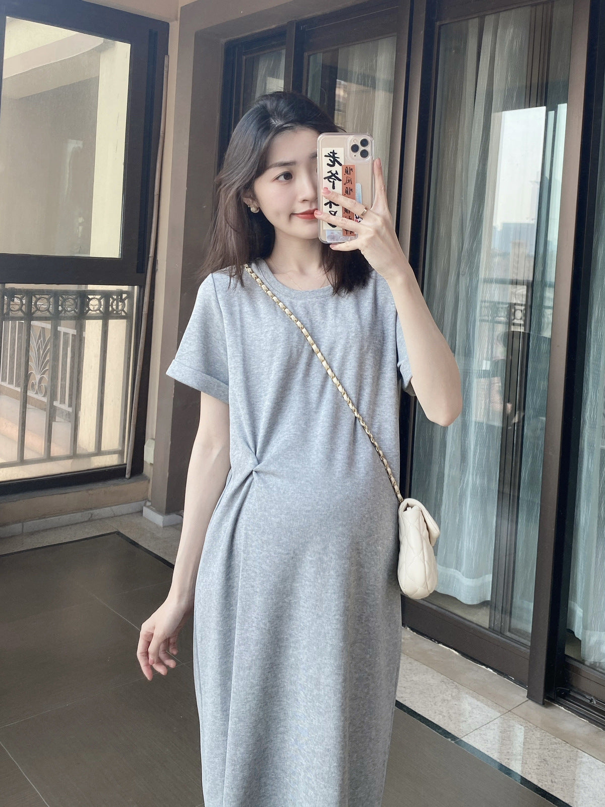 Pregnant Women Casual Solid Color Round Neck Short Sleeve Loose Dress