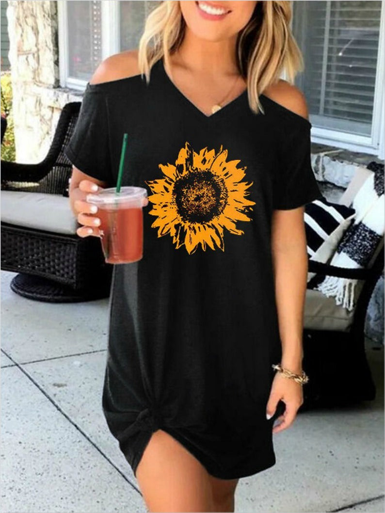 Vestido informal con estampado de girasoles y hombros descubiertos para mujer, ideal para vacaciones de verano