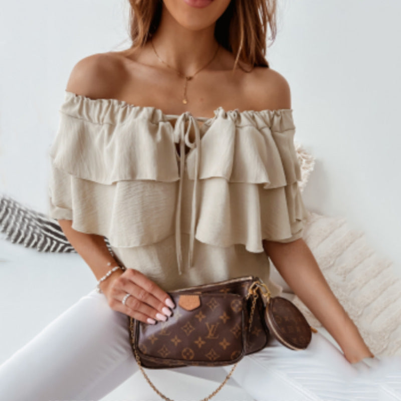Blusa holgada informal elegante de gasa con hombros descubiertos y volantes para mujer