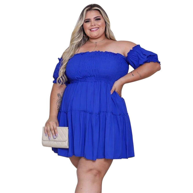Women Fashion Casual Solid Color Off-Shoulder Plus Size Dress