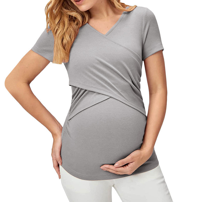 Summer Women Casual Solid Color V-Neck Cross Short Sleeve Top