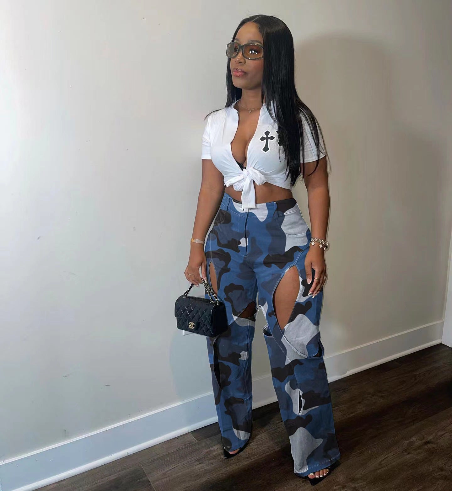 Women Fashion Casual Printed Cut Out Defined Waist Pants