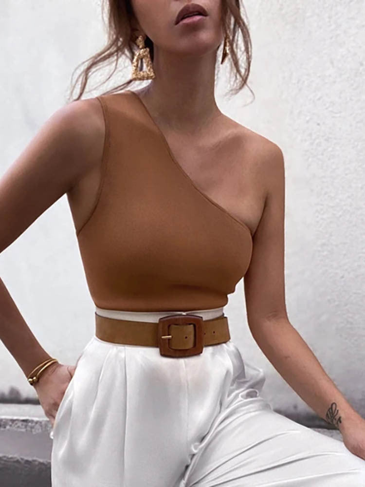 Top básico sin mangas ajustado con un solo hombro de color liso para mujer