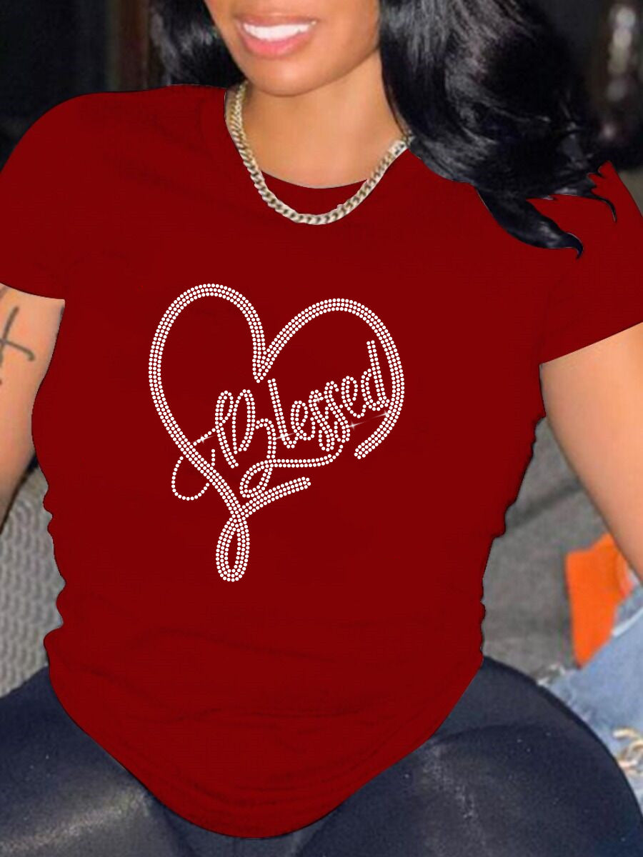 Camiseta informal holgada de talla grande para mujer, cuello redondo, manga corta, estampado de corazón de diamante