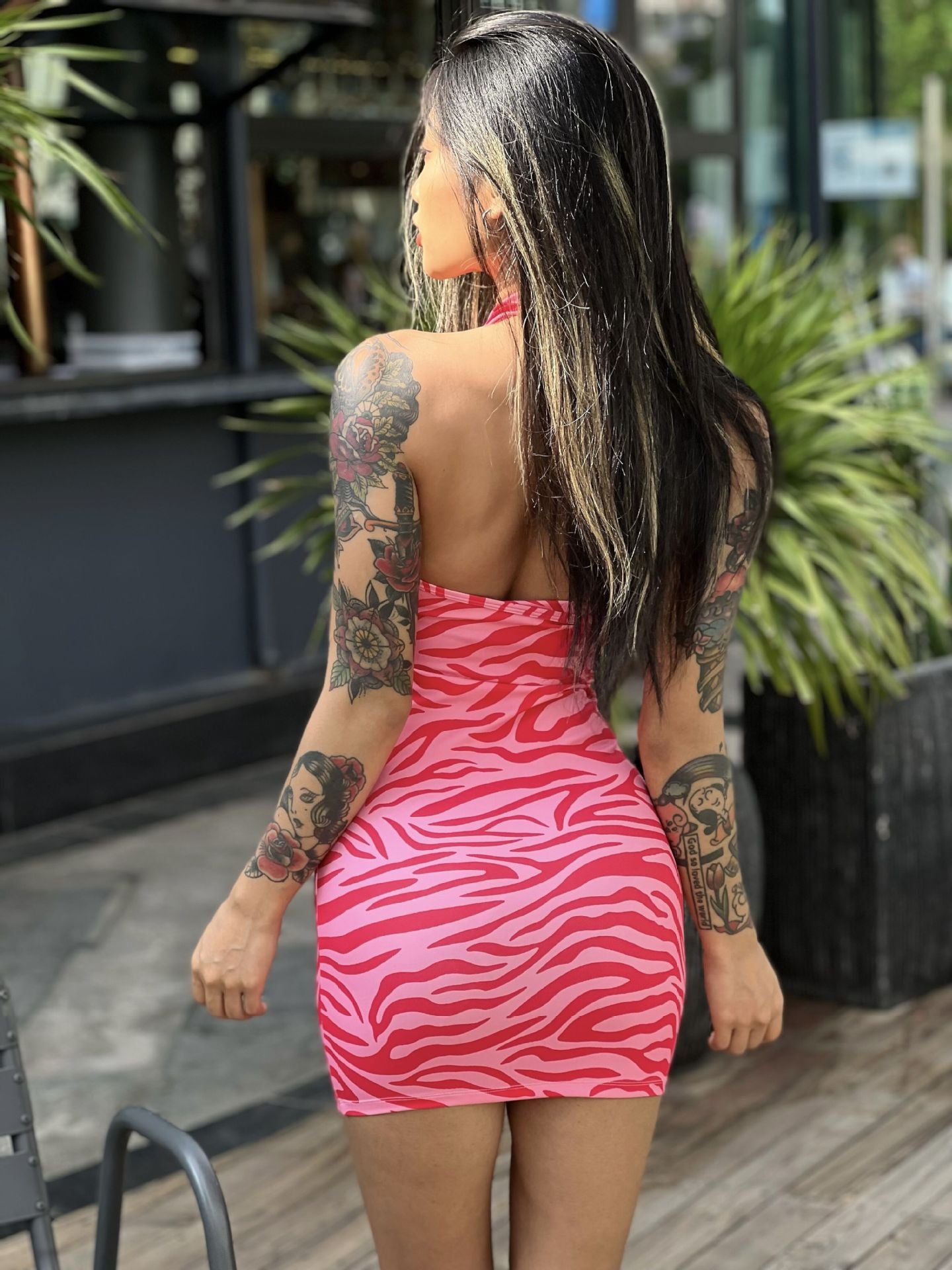 Fashion Sexy Casual Zebra Print Halter Neck Backless Sleeveless Women'S Dress