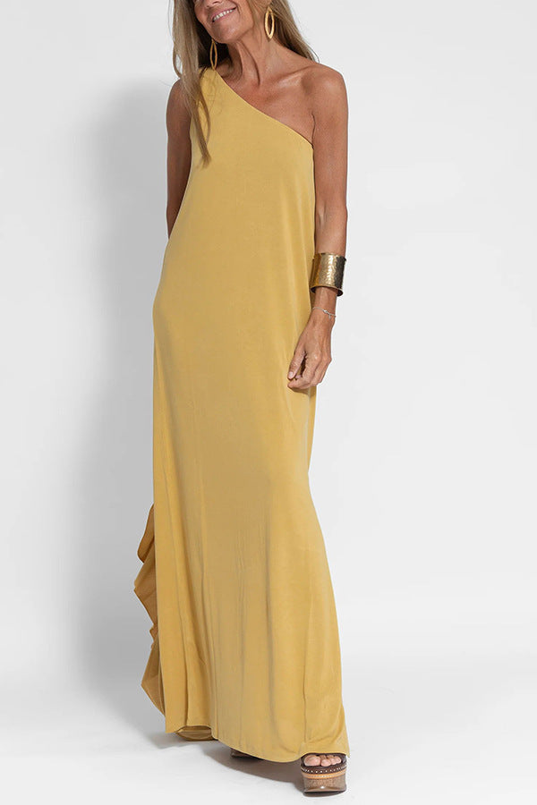 Summer Women Casual Slip-Shoulder Slip Solid Color Maxi Dress