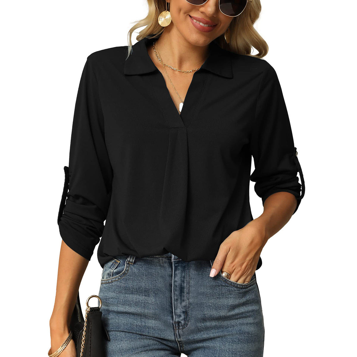 Blusa informal de manga larga con cuello en V y color liso para mujer