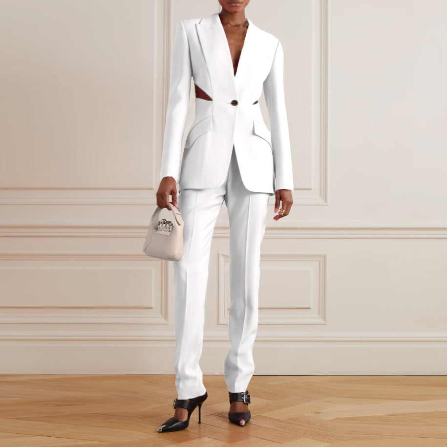 Conjunto de dos piezas de chaqueta y pantalón de manga larga con blazer y aberturas informales para mujer