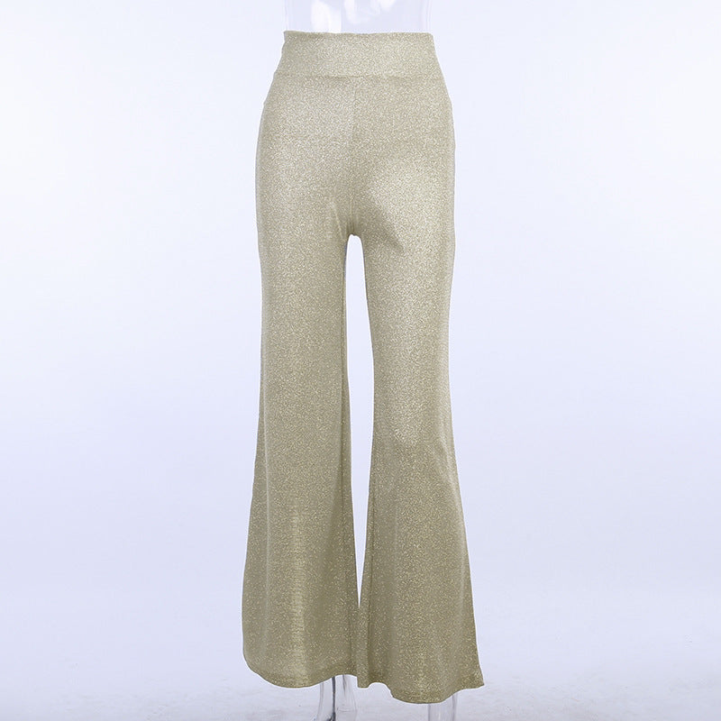 Pantalones casuales de cintura alta con purpurina y pierna ancha para mujer