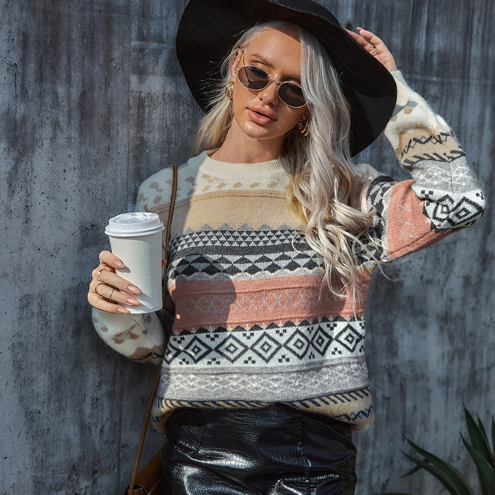 Suéter de punto con cuello redondo geométrico holgado informal para mujer