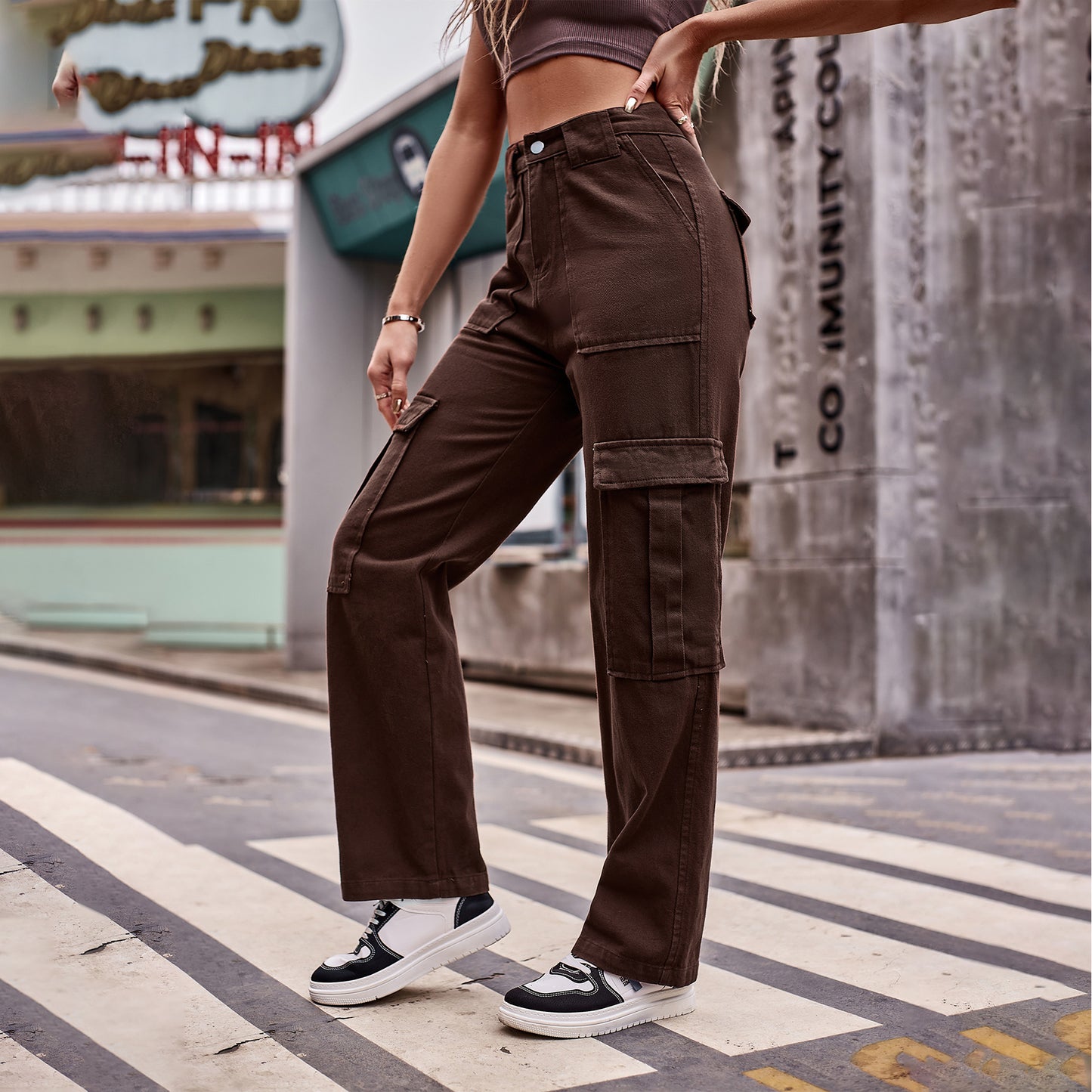 Fashion Women Street Style Multi Pocket Overalls Loose Casual Straight Jeans Cargo Pants
