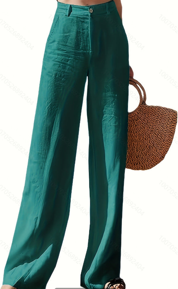 Pantalones casuales holgados de lino de pierna ancha a la moda para mujer