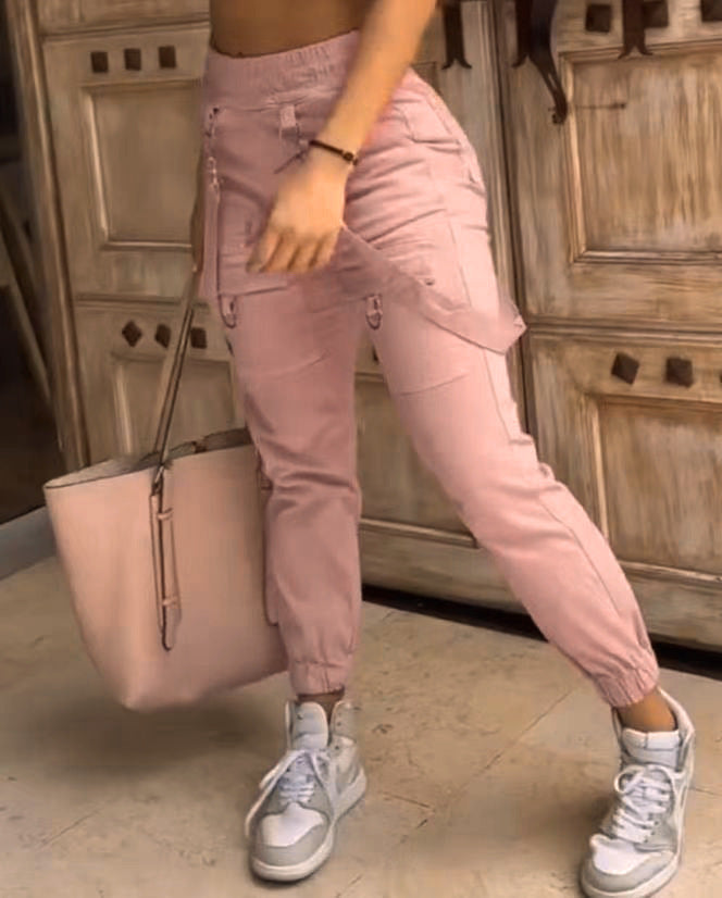 Women Fashion Casual Solid Color Multi-Pocket High Waist Slim-Fit Pants