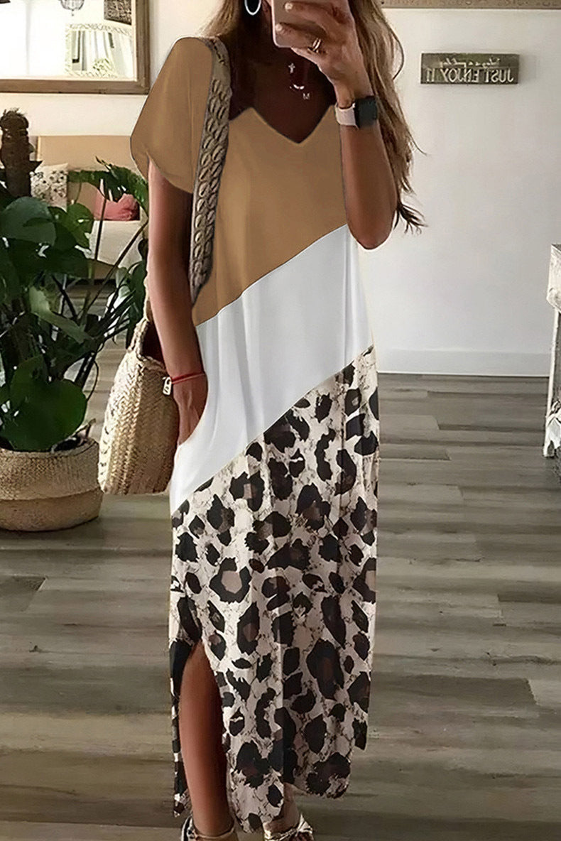 Women Casual Short Sleeve Leopard Print Side-Slit Maxi Dress