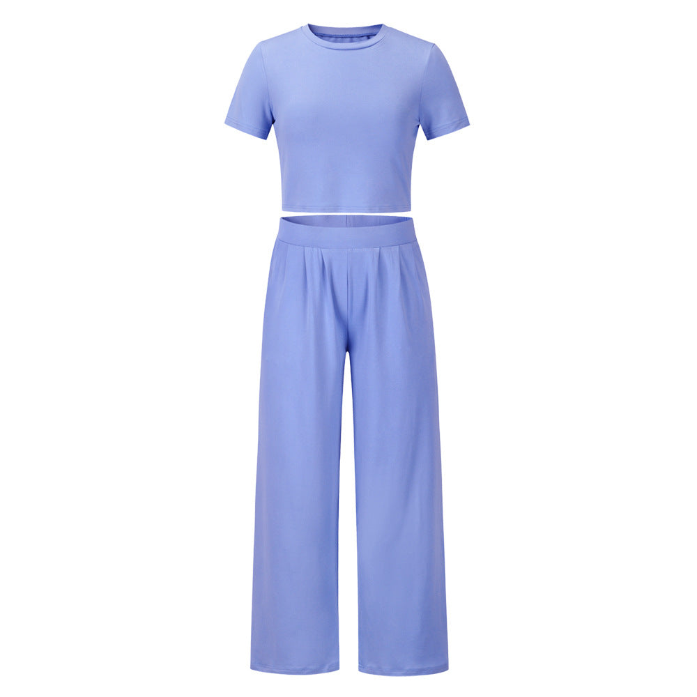 Conjunto de dos piezas de top de manga corta y pantalón ancho de color liso informal de verano para mujer