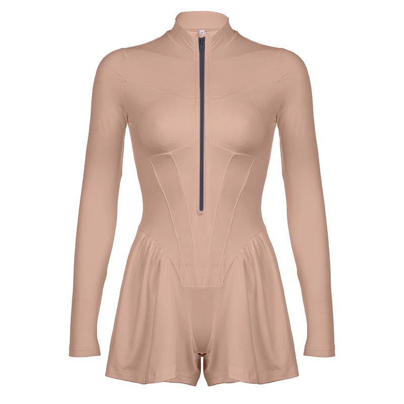 Women Fashion Casual Solid Color Zipper Plastic Waist Rompers