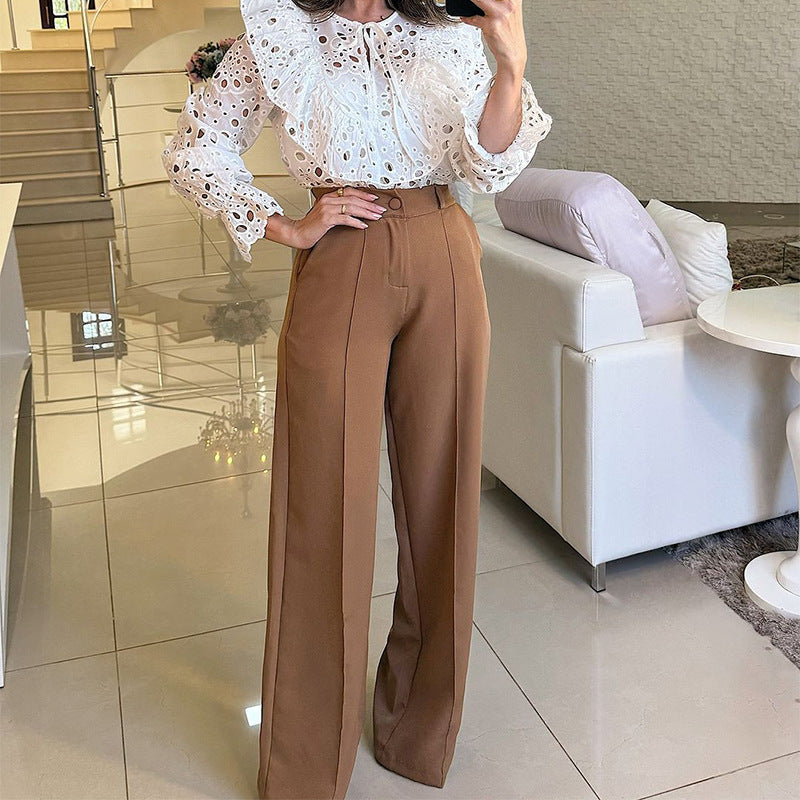 Women Fashion Solid Color Casual High Waist Loose Straight Leg Pants