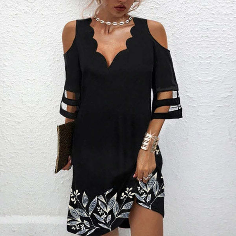 Vestido mini holgado informal de verano para mujer, elegante, de manga corta, con escote en V y hombros descubiertos, de malla y retazos