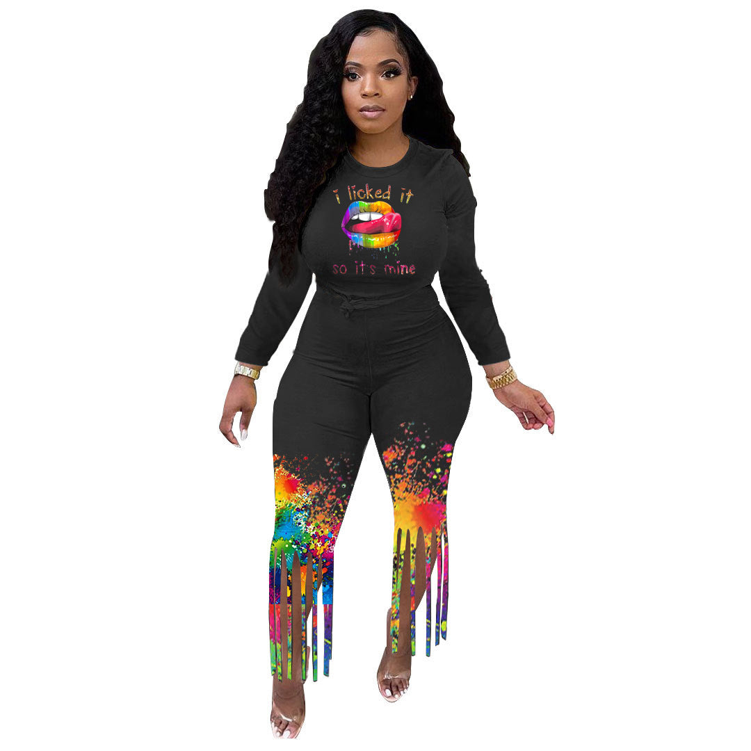 Conjunto deportivo informal de dos piezas para mujer, con estampado gráfico, manga larga, cuello redondo y pantalones con borlas y efecto tie-dye