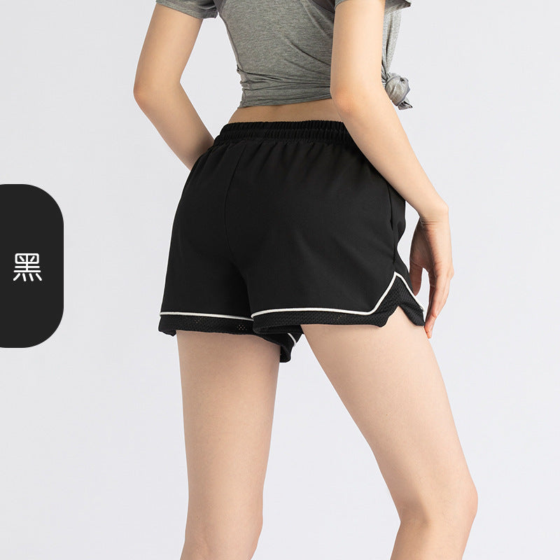 Pantalones cortos deportivos informales para correr, elásticos, antidecoloración, de dos piezas, sueltos y falsos para mujer