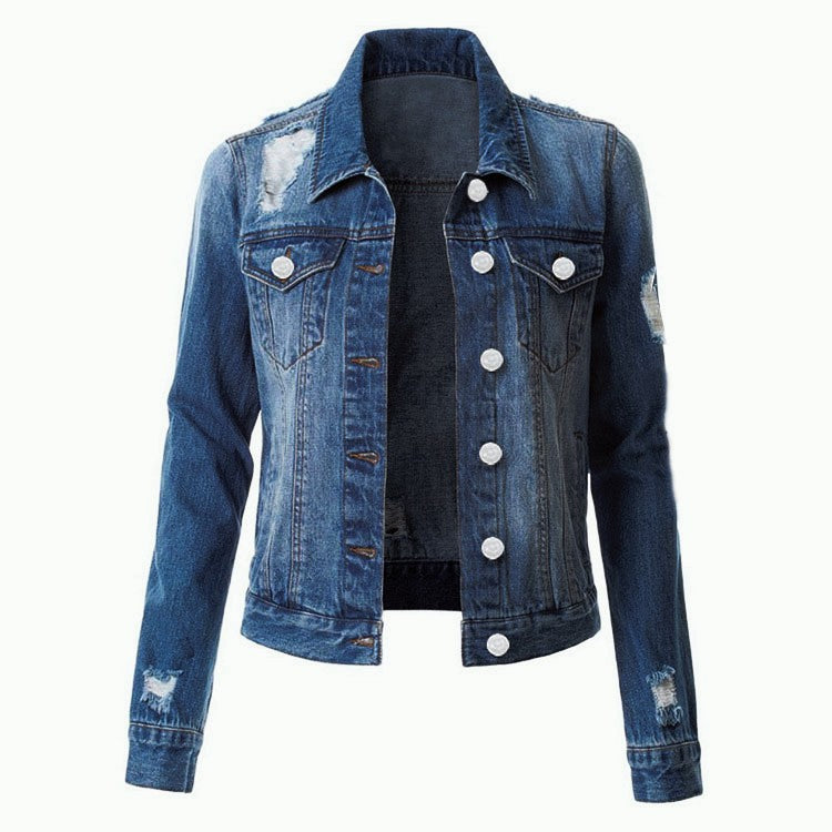 Women Fashion Casual Ripped Laspel Long-Sleeve Denim Jacket