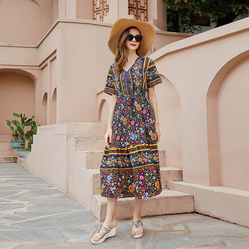 Women Plus Size Fashion Boho Style V Neck Short Sleeve Floral Casual Maxi Dress