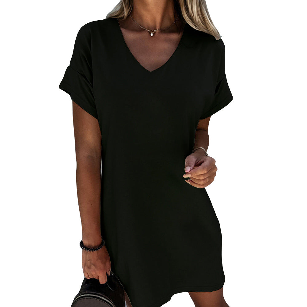 Vestido holgado informal de oficina chic para mujer, color liso, cuello en V, manga corta