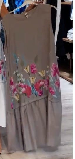 Summer Women Casual Plus Size Floral Printed Sleeveless Dress