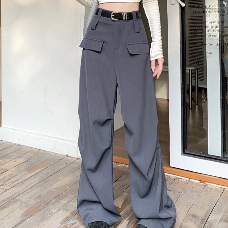 High Waist Street Casual Women Straight Wide-Leg Loose Solid Color Cargo Pants