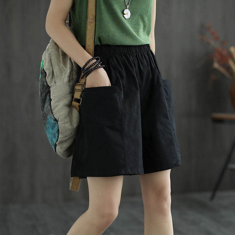 Women Fashion Casual Solid Color Elastic-Waist Wide Leg Shorts