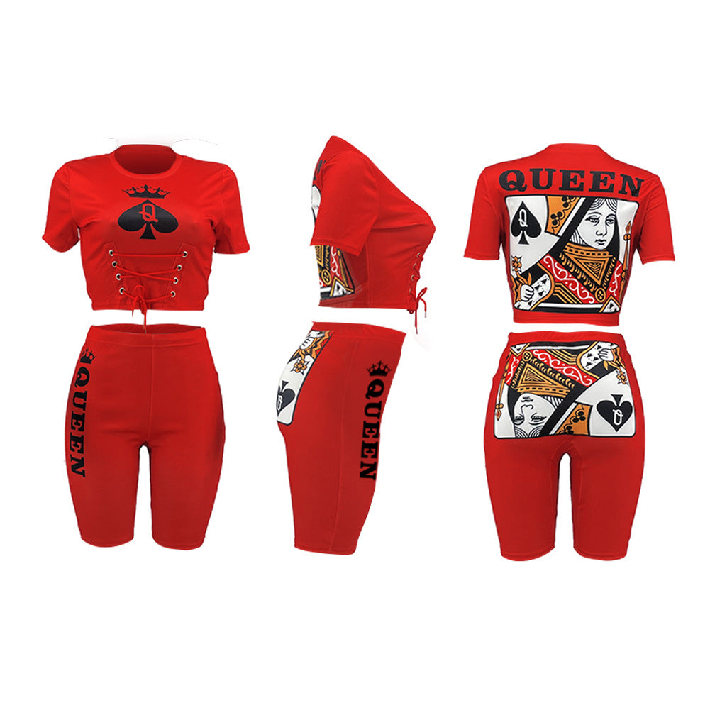 Women Fashion Black Q Poker Queen Printed Casual Summer T-Shirt And Shorts Set