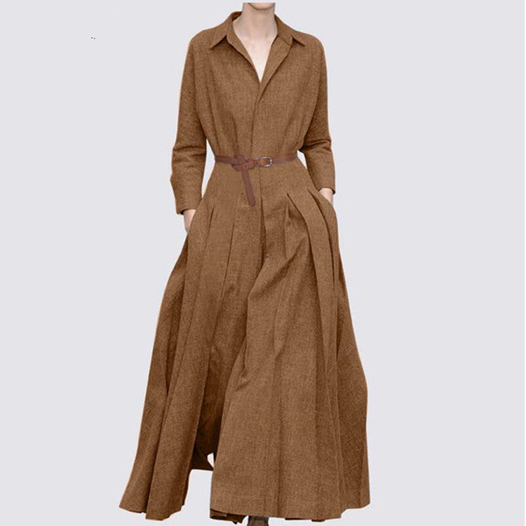 Vestido largo informal elegante de manga larga con solapa en color liso para mujer