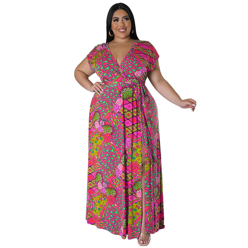 Women Casual Loose Boho Floral Printed V- Neck Short Sleeve Defined Waist Front Split Dress