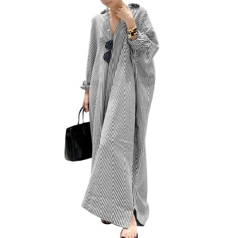 Women Fashion Casual Loose Stripe Cardigan Long Sleeve Maxi Dress