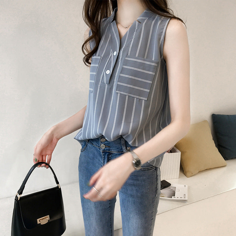 Blusa de gasa holgada informal de verano con cuello en V y rayas sin mangas para mujer