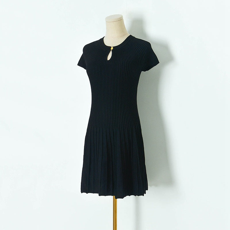 Vestido informal de punto de manga corta con cuello redondo y color liso para mujer