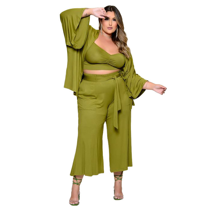 Conjunto de tres piezas de chaqueta y pantalón informal holgado de talla grande de color liso para mujer