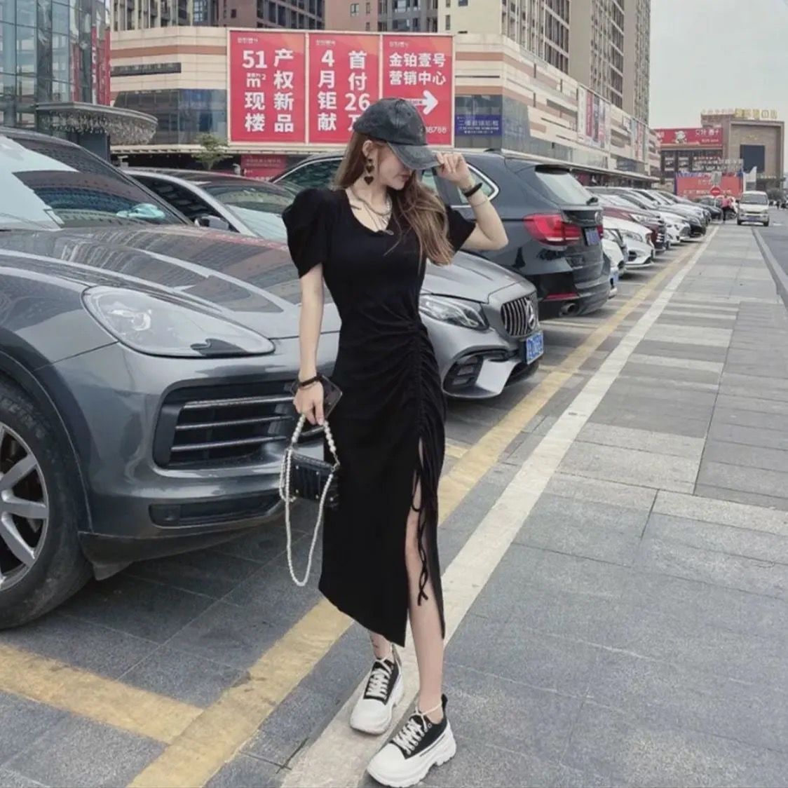 Women Fashion Casual Stripe Printing V-Neck Short Sleeve Drawstring Slit Dress