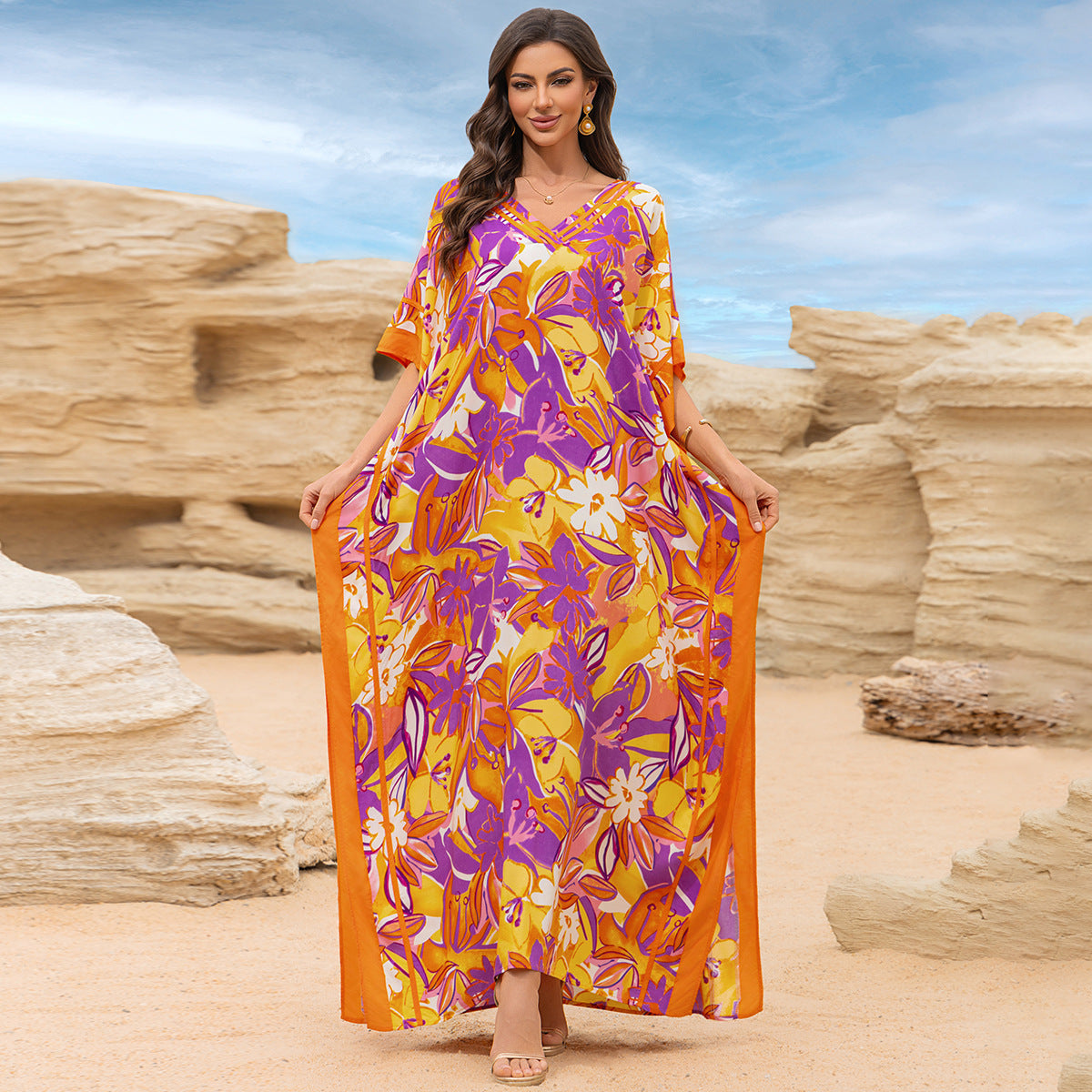Traje de baño de playa holgado con cuello en V y estampado informal para mujer