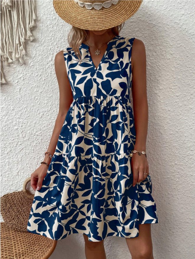 Women Casual Vacation Boho Loose V Neck Pleated Floral Print Sleeveless Dress