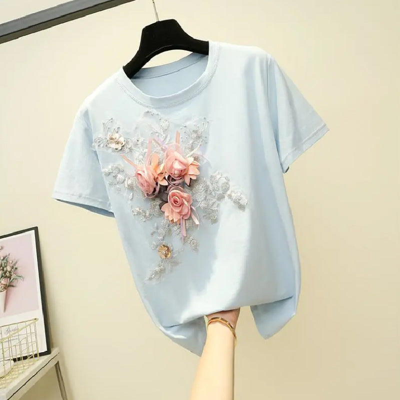 Camisetas casuales de algodón con cuello redondo y flores para mujer