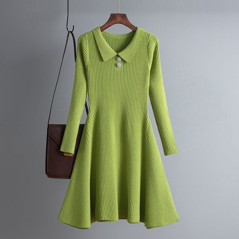Vestido de punto de manga larga con solapa de color liso informal para mujer, otoño e invierno