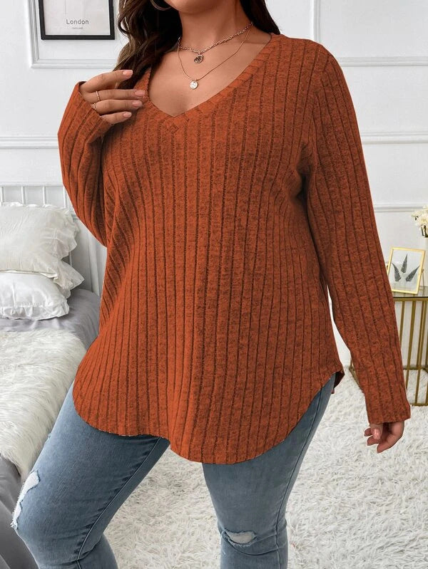 Top informal de manga larga con canalé de color liso para mujer, talla grande