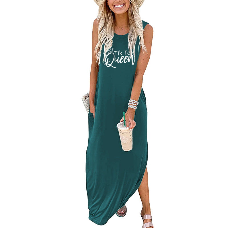 Vestido largo informal sin mangas con estampado de letras Queen para mujer