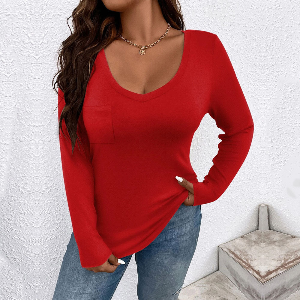 Women Fashion Casual Solid Color V-Neck Long Sleeve Plus Size Top
